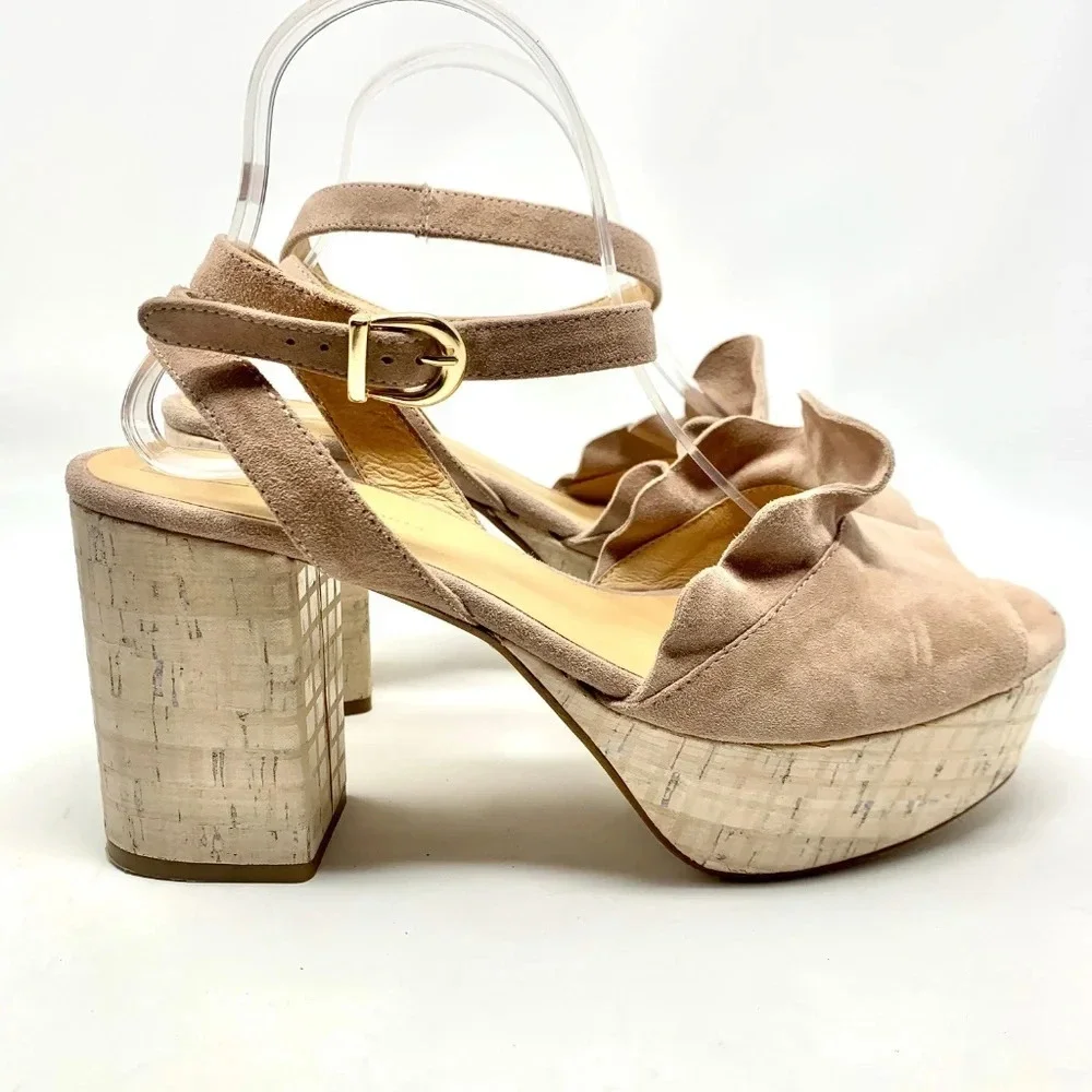Anthropologie Ruffled Platform Heel Sandals Suede Light Pink‎ Size 41 US 10.5